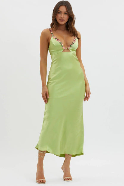 Romantic Fitted Deep V-Neck Floral Embroidered Satin Midi Evening Dress