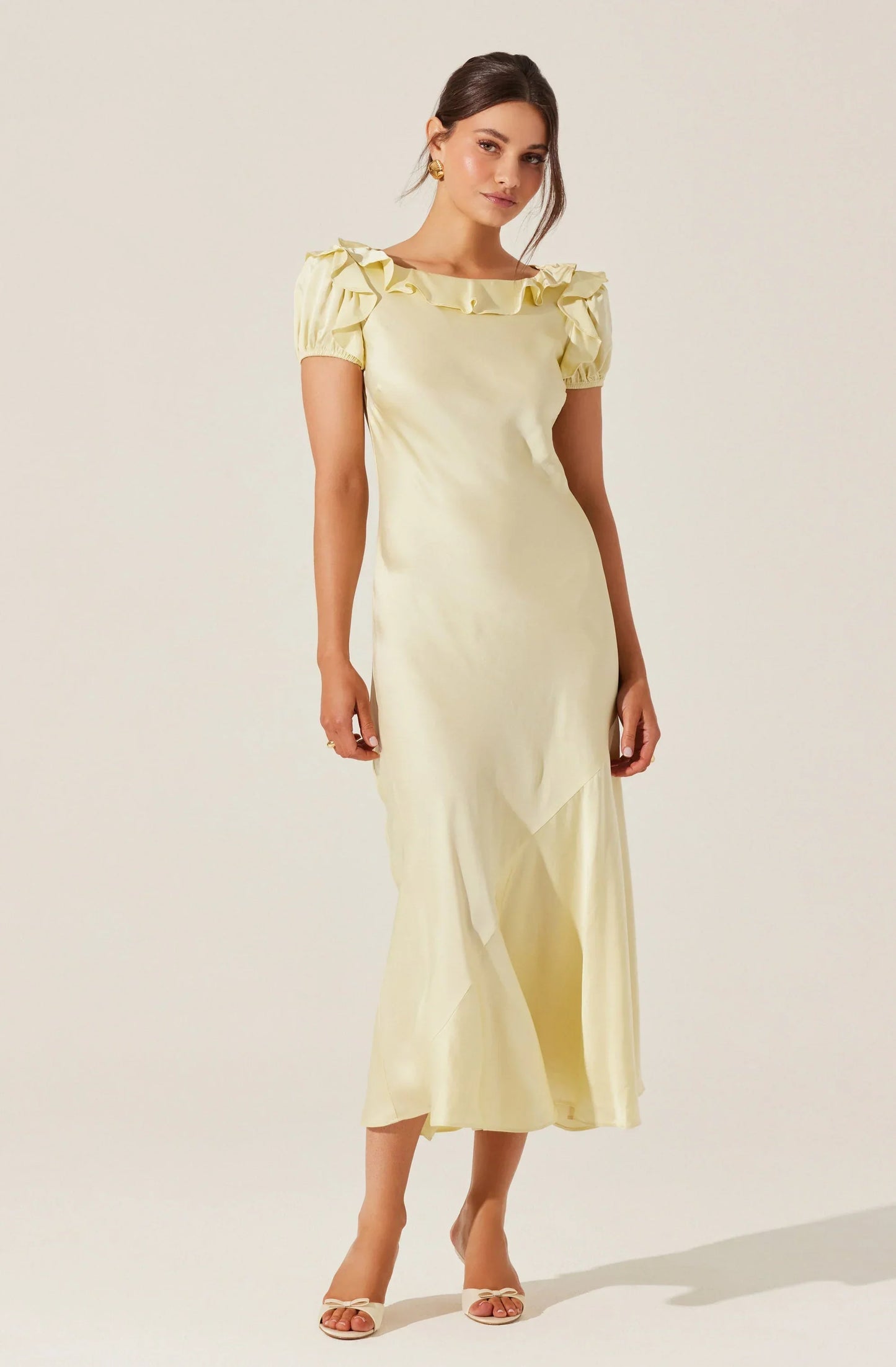 Romantic Fitted Ruffle Neck Puff Sleeve Open Back Midi Evening Dress