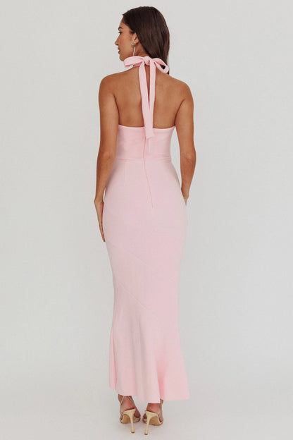 Romantic Fitted Square Neck Halter Ruffle Hem Maxi Evening Dress