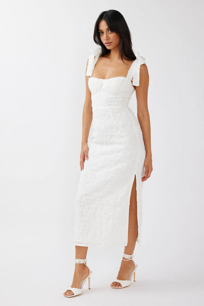 Romantic Fitted Square Neck Ruffle Strap Textured Midi Evening Dress