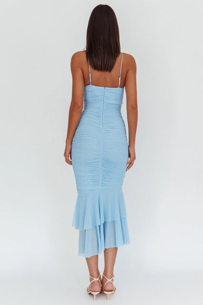 Romantic Fitted Sweetheart Neck Spaghetti Strap Ruched Ruffle Hem Midi Evening Dress