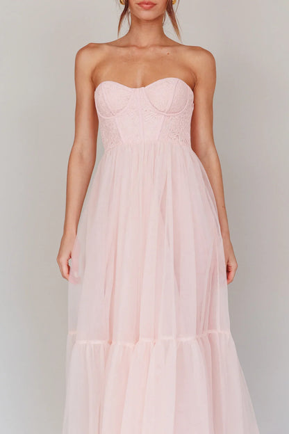 Romantic Flared Sweetheart Neck Strapless Lace Tulle Maxi Evening Dress