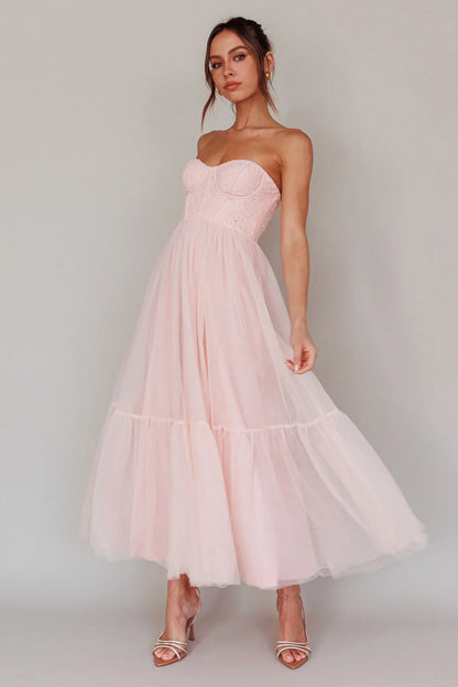 Romantic Flared Sweetheart Neck Strapless Lace Tulle Maxi Evening Dress