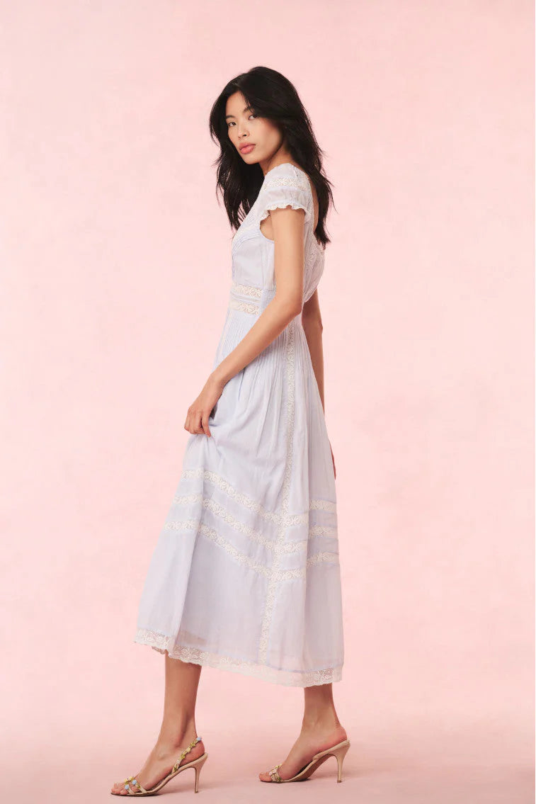 Romantic Flared V-Neck Puff Sleeve Lace Insert Maxi Evening Dress