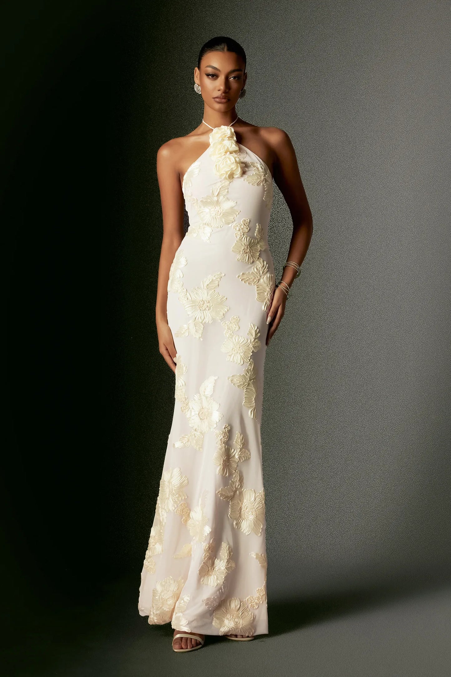 Romantic Ivory Halter with 3D Floral Applique and Open Back Mermaid Evening Dress