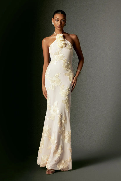 Romantic Ivory Halter with 3D Floral Applique and Open Back Mermaid Evening Dress