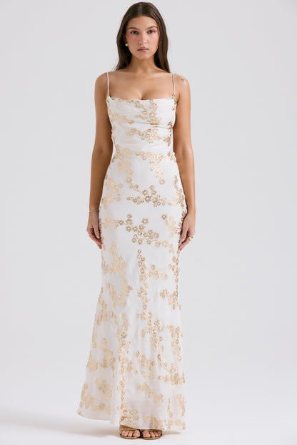Romantic Ivory Maxi Dress with Gold Floral Embroidery and Cowl Neck, Evening Dresses