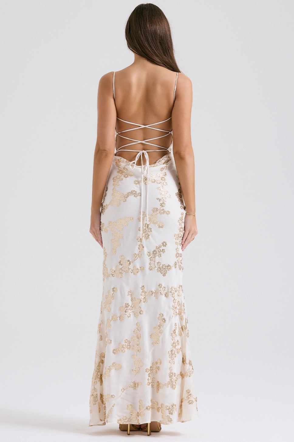 Romantic Ivory Maxi Dress with Gold Floral Embroidery and Cowl Neck, Evening Dresses
