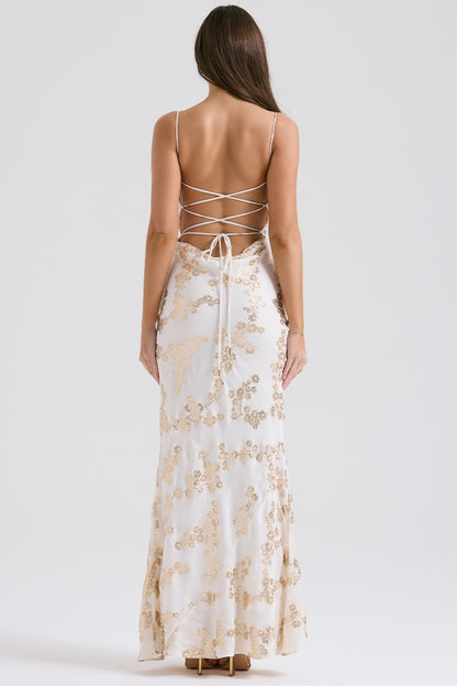 Romantic Ivory Maxi Dress with Gold Floral Embroidery and Cowl Neck, Evening Dresses
