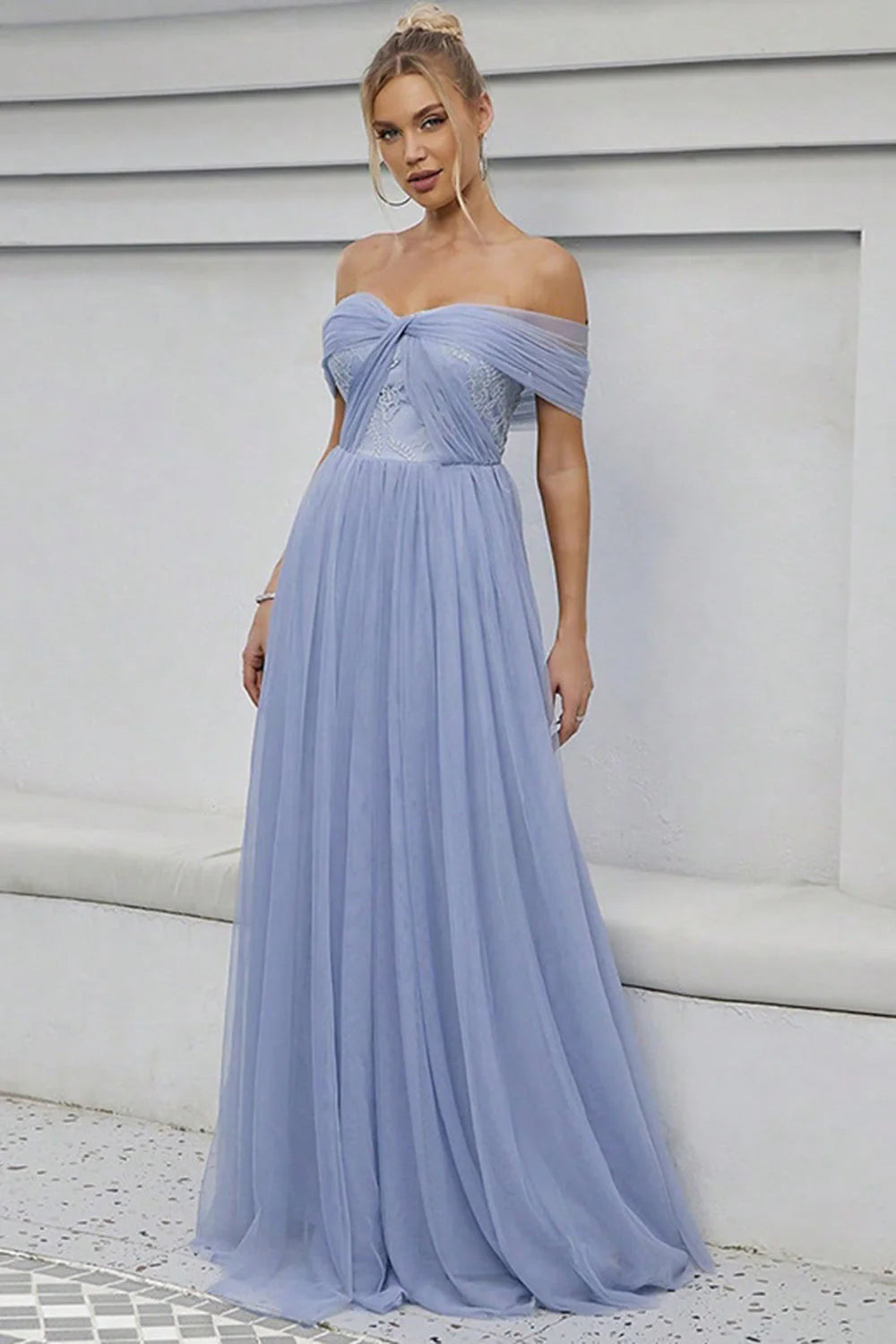 Romantic Periwinkle Tulle Off-Shoulder Lace Accent Ballgown Evening Dress