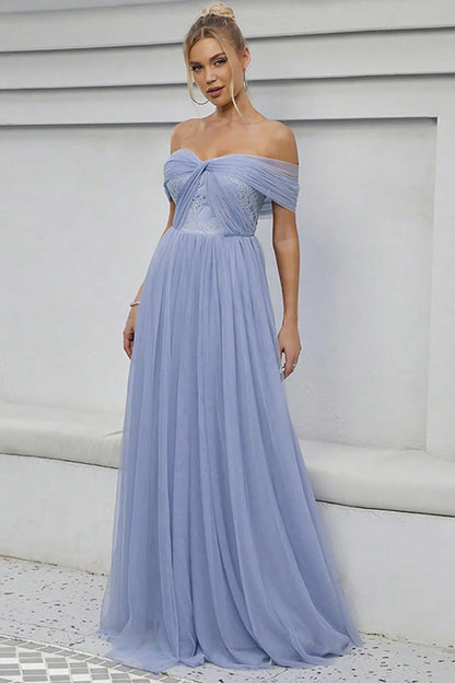 Romantic Periwinkle Tulle Off-Shoulder Lace Accent Ballgown Evening Dress