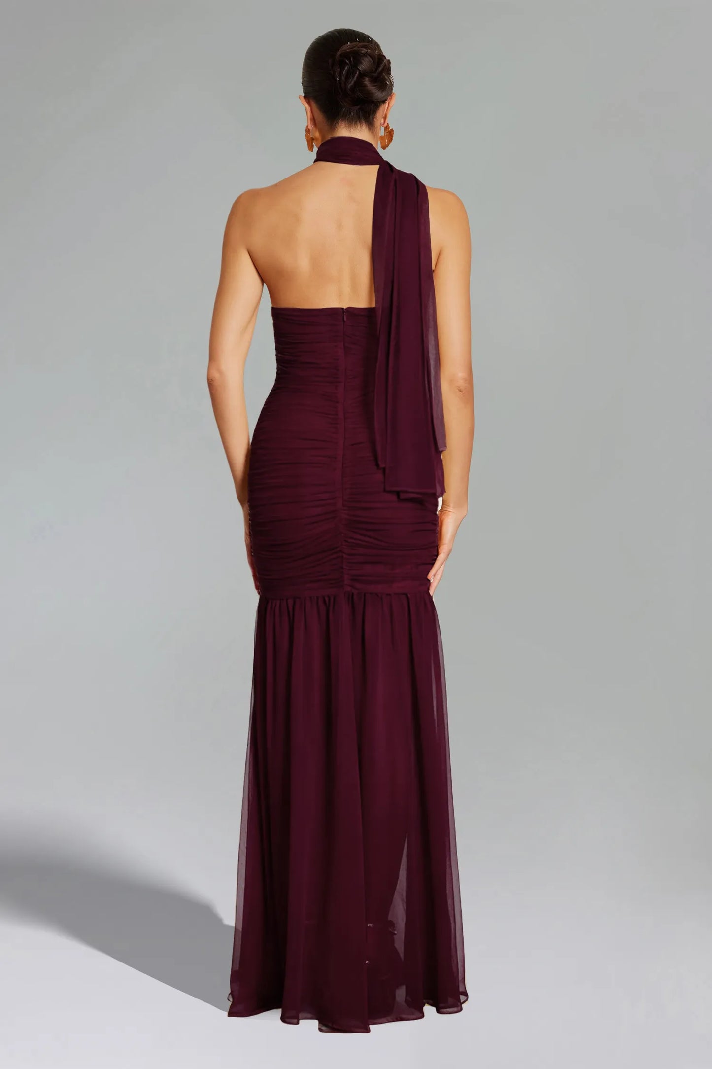 Romantic Plum Halter with Chiffon Scarf Detail, Ruched Bodice and Sheer Mermaid Evening Dress