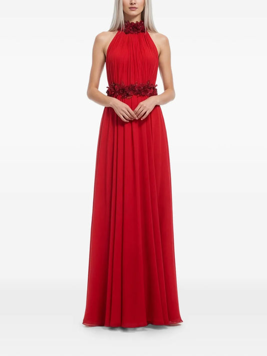 Romantic Red Halter-Neck Floral Appliqué Prom Dress