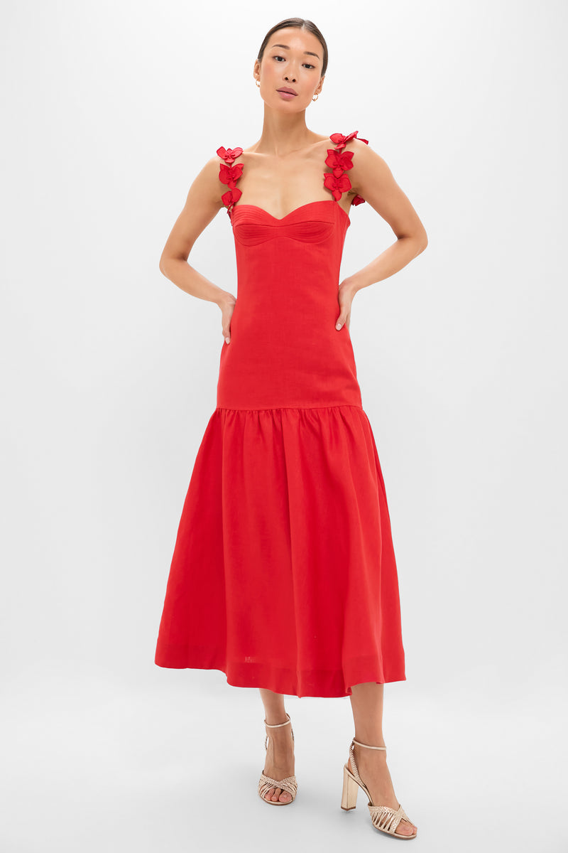 Romantic Red Linen-Blend Midi Dress with 3D Floral Straps and Tiered Skirt, Evening Dresses