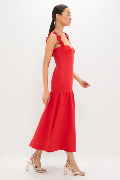 Romantic Red Linen-Blend Midi Dress with 3D Floral Straps and Tiered Skirt, Evening Dresses