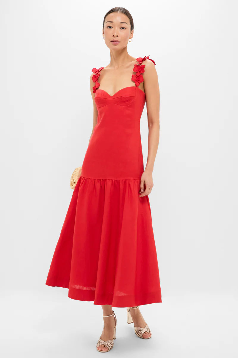Romantic Red Linen-Blend Midi Dress with 3D Floral Straps and Tiered Skirt, Evening Dresses