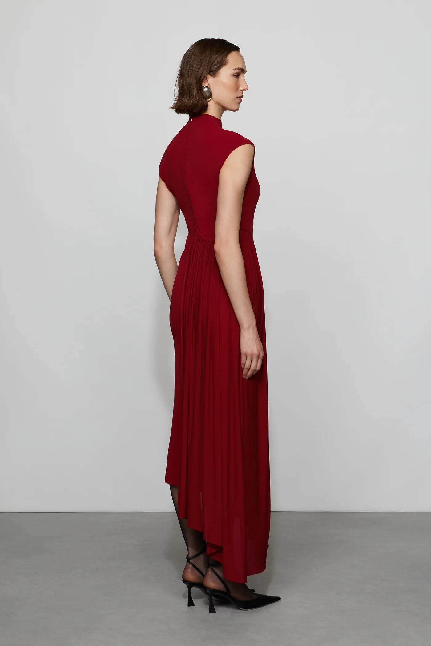 Romantic Ruby Red High Neck Cap Sleeve Pleated Asymmetrical Midi Evening Dress