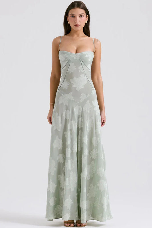 Romantic Sage Green Spaghetti Strap with Floral Jacquard, Corset Lace-Up Back and Flowy Maxi Evening Dress