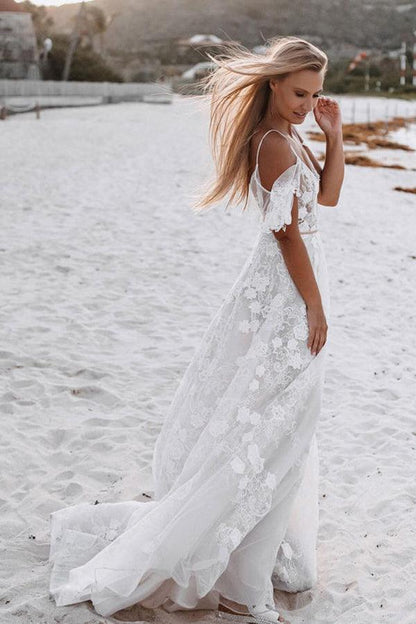 Romantic Spaghetti Straps Floral Lace Beach Wedding Dresses