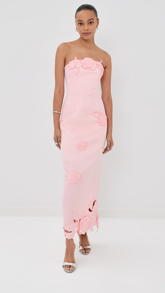 Romantic Strapless Rose-Appliquéd Crepe Evening Dresses