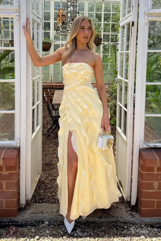 Romantic Strapless Ruffled Chiffon Maxi Prom Dress with High Slit and Smocked Back