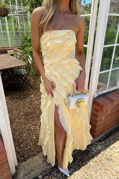 Romantic Strapless Ruffled Chiffon Maxi Prom Dress with High Slit and Smocked Back