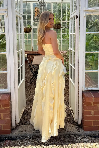 Romantic Strapless Ruffled Chiffon Maxi Prom Dress with High Slit and Smocked Back