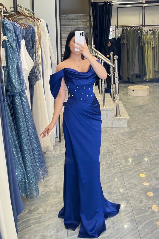 Royal Blue Satin Maxi Prom Dresses with Off Shoulder Draped Neckline Beaded Corset Ruched Waist