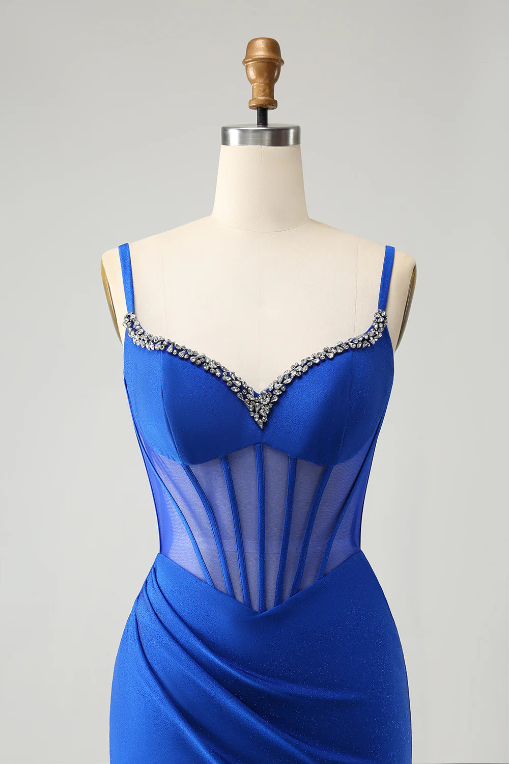 Royal Blue V-Neck Mermaid Spaghetti Strap Beaded Corset Long Prom Dress with Slit