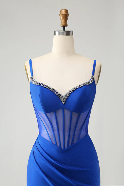 Royal Blue V-Neck Mermaid Spaghetti Strap Beaded Corset Long Prom Dress with Slit