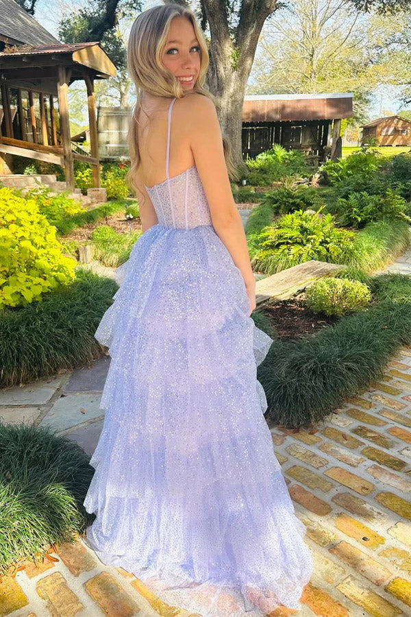 Tulle Sequin Ruffle Tiered Long Prom Dress Formal Dress