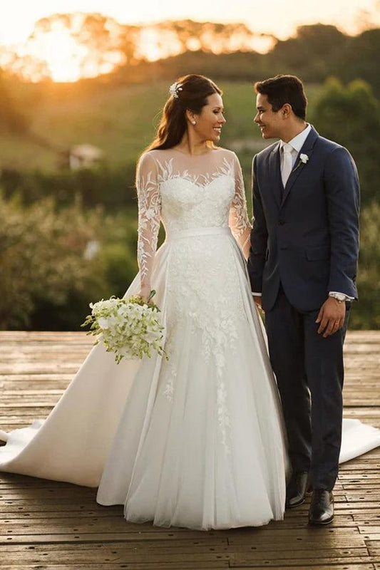 Rustic Lace Long Sleeves Tulle Wedding Dress With Detachable Satin