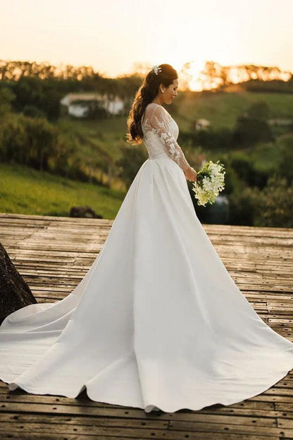Rustic Lace Long Sleeves Tulle Wedding Dress With Detachable Satin