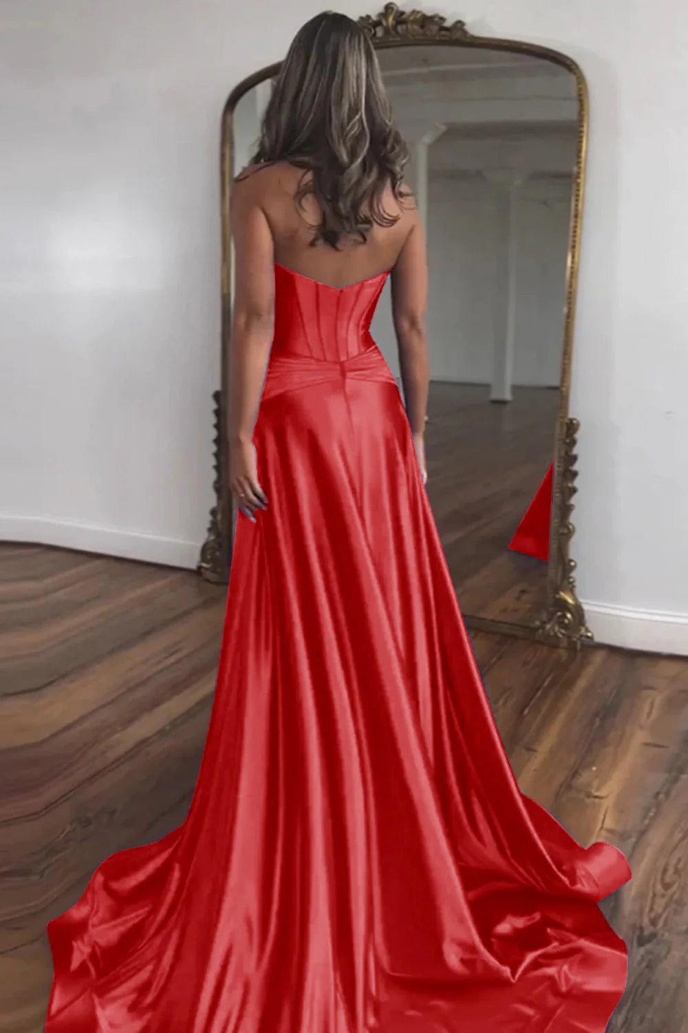 Red Sweetheart Zipper Back A-Line Off-the-Shoulder Long Satin Prom Dress With Split