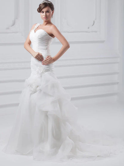 A-Line Wedding Dresses One Shoulder Court Train Organza Satin Spaghetti Strap with Pick Up Skirt Ruched Appliques