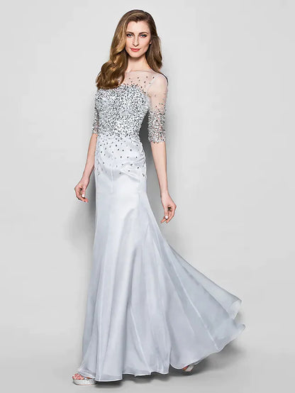 A-Line Mother of the Bride Dress Jewel Neck Floor Length Organza Half Sleeve with Beading Sequin