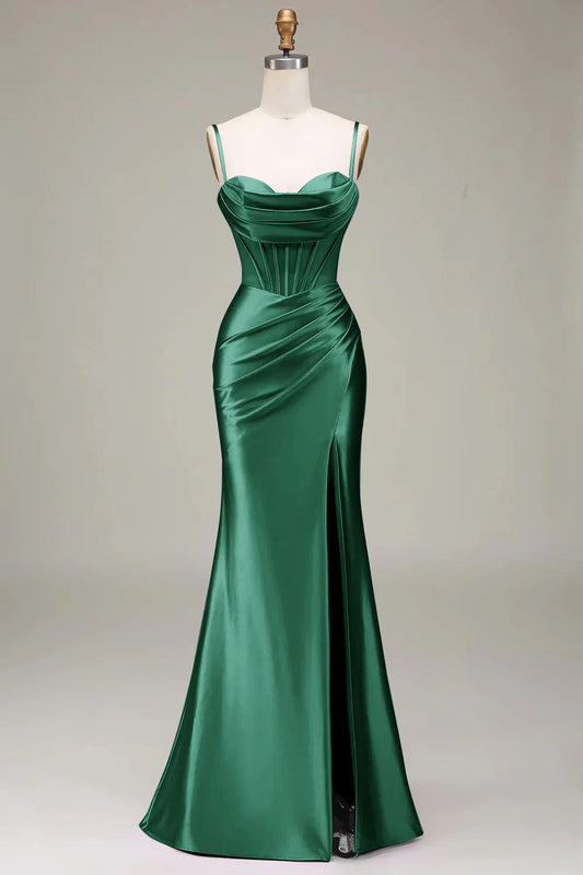 Dark Green Satin Spaghetti Straps Split Fork Lace-Up Back Slim-fit Prom Dress with Corset
