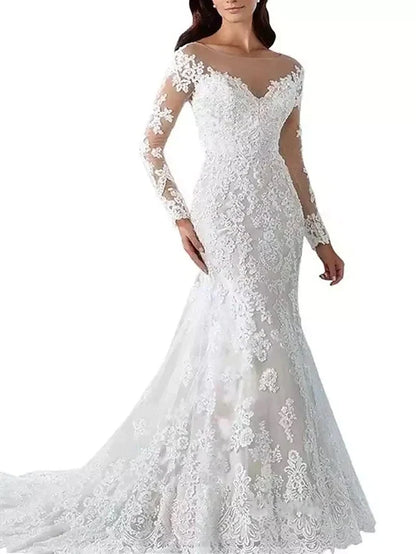 Wedding Dresses Scoop Neck Chapel Train Lace Tulle Lace Over Satin Long Sleeve Formal Sexy Beautiful Back Illusion Sleeve with Appliques