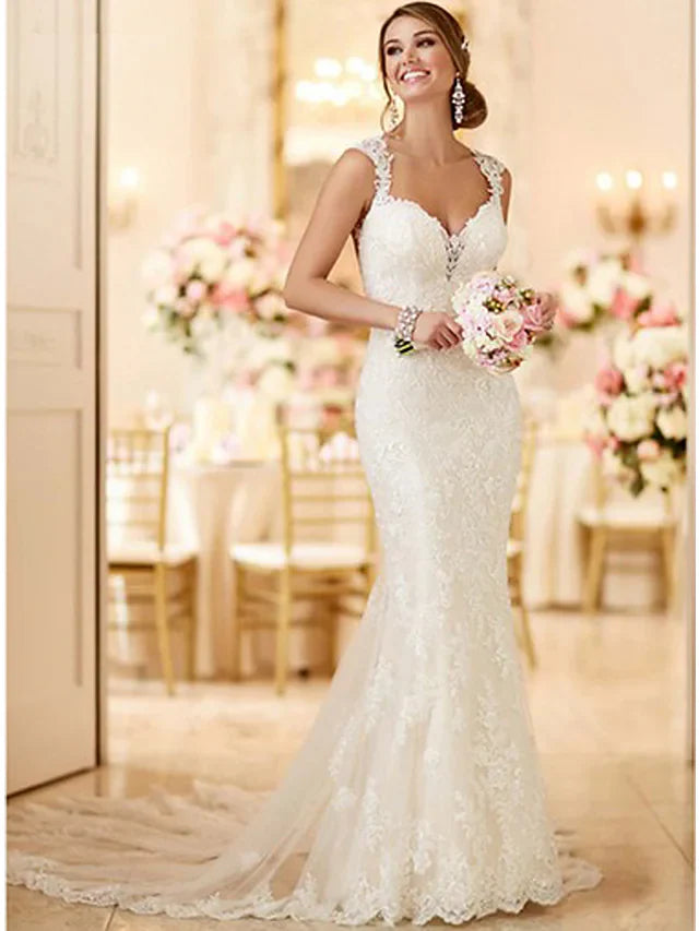 Wedding Dresses V Neck Lace Spaghetti Strap Mordern Sexy Backless with