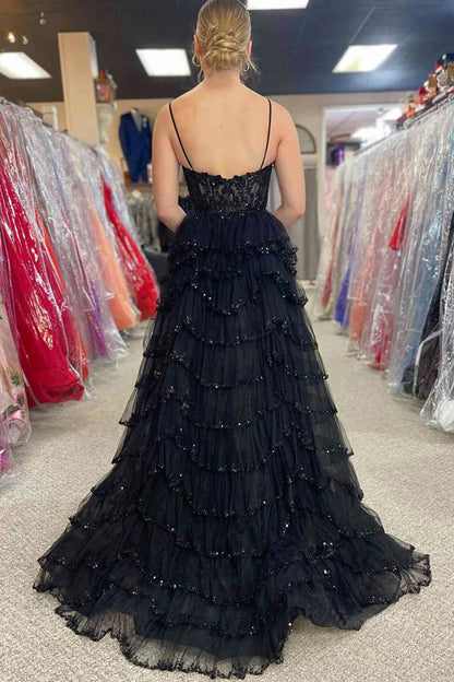 A-line Straps Plunging Neck Sequin Lace Prom Dresses