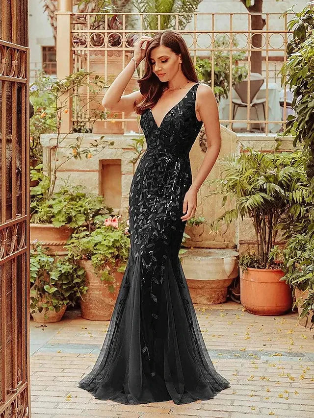 Sparkle Sexy Prom Formal Evening Valentine's Day Dress V Neck Sleeveless Floor Length Tulle Sequined with Sequin Appliques