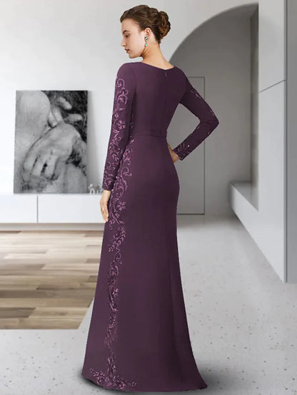 Mother of the Bride Dress Elegant Jewel Neck Floor Length Chiffon Lace Long Sleeve with Sash Ribbon Appliques