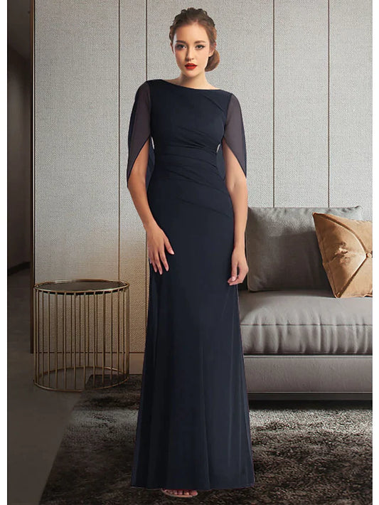 Mother of the Bride Dress Elegant Jewel Neck Ankle Length Chiffon Half Sleeve with Pleats Ruching