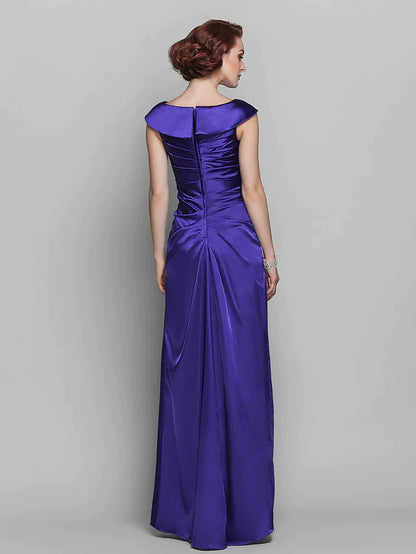 Mother of the Bride Dress Elegant Off Shoulder Floor Length Stretch Satin Sleeveless with Beading Side Draping