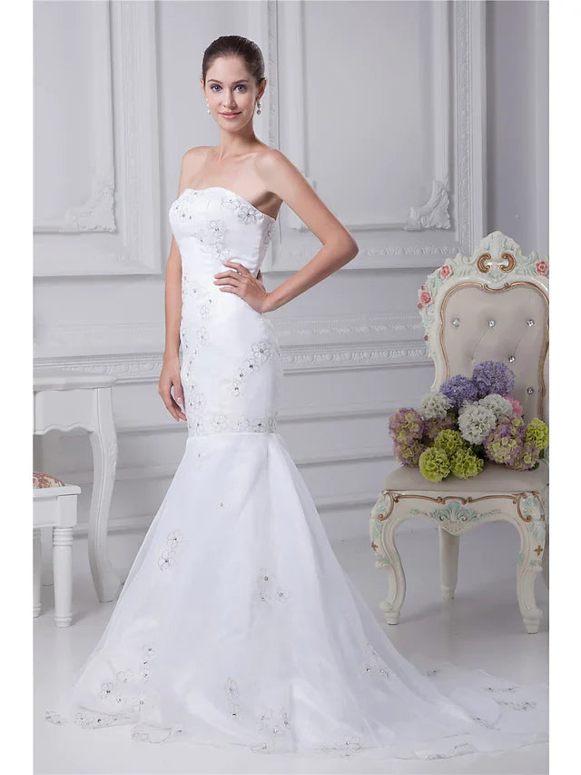 Wedding Dresses Strapless Chapel Train Organza Satin Strapless with Beading Embroidery