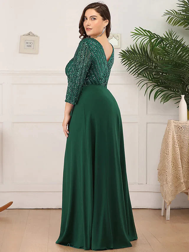 Mother of the Bride Dress Plus Size Elegant V Neck Floor Length Polyester 3/4 Length Sleeve with Sequin