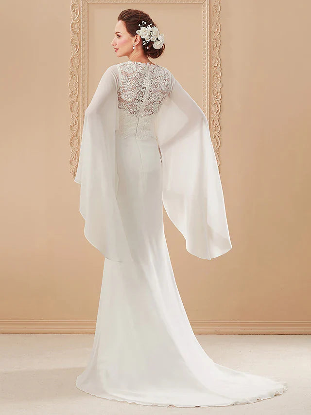 Wedding Dresses Jewel NeckLace Georgette Long Sleeve Beach Illusion Detail Backless with Lace