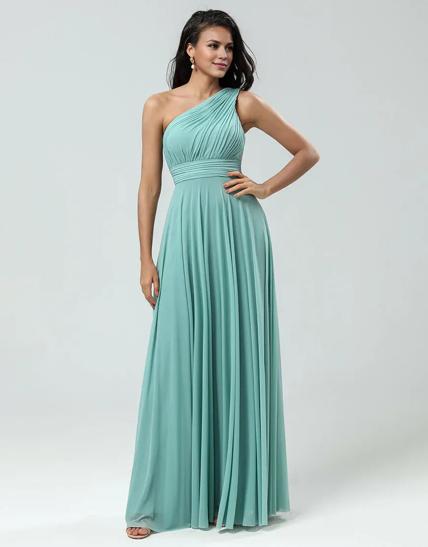 A Line Chiffon One Shoulder Sea Glass Pleats Long Bridesmaid Dress