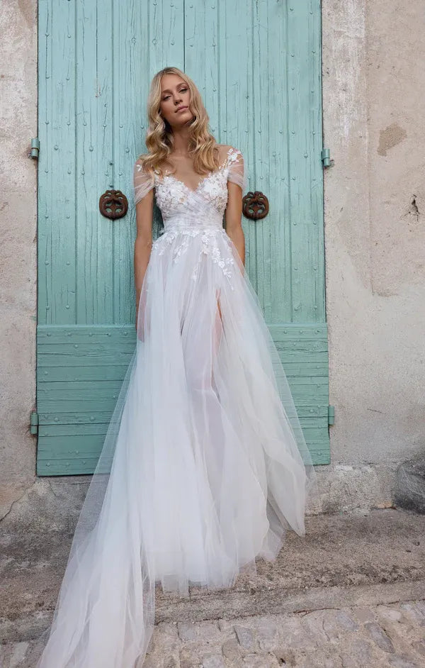 Off The Shoulder V-Neck Applique Backless Split Fork Tulle Wedding Dress