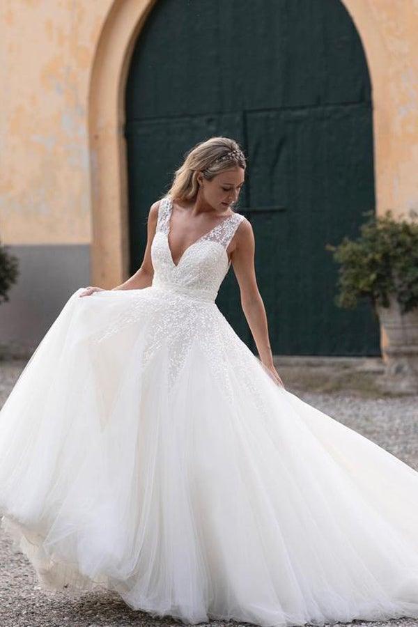 Sequins Lace V-neck Neckline Chapel Train A-line Wedding Dresses